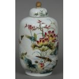 A Chinese Republic period vase and cover The white ground decorated with various birds and a