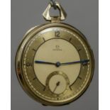 A 14 ct gold Omega pocket watch The main dial with Arabic numerals and batons and with subsidiary