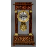 A 19th century inlaid rosewood portico clock The stepped top above the silvered dial with twin