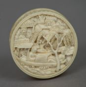 A 19th/20th century Chinese carved Canton ivory pill box Of circular section,