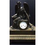 A 19th century bronzed cased figural mounted mantel clock The stepped case with acanthus cast band,