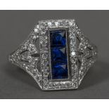 A diamond and sapphire set white metal ring The sapphires rectangular set.
