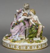 A late 19th century Continental porcelain figural group Formed as two young women clipping a