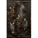 A 19th century Japanese silk work wall hanging Decorated with various figures in a landscape.