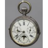 A French unmarked white metal multi-dial pocket watch The white dial with day,