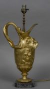 A gilt bronze lamp Formed as classical ewer with twin serpent handles,