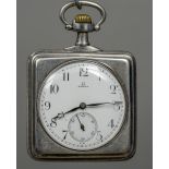 An Omega silver cased pocket watch Of square form, the reverse decorated with a bobsleigh scene.