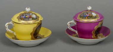 A pair of late 19th century Dresden covered cabinet cups and saucers Each piece painted with a