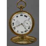 A Longines 18 ct gold cased full hunter pocket watch The signed white enamelled dial with Roman