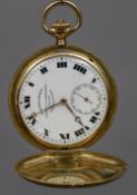 A Longines 18 ct gold cased full hunter pocket watch The signed white enamelled dial with Roman
