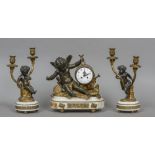 A cherub mounted white marble clock garniture The clock formed as a drum supported by a cherub with