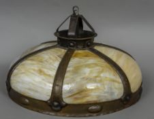 A Tiffany Arts & Crafts copper mounted mottled glass ceiling light The interior stamped Tiffany