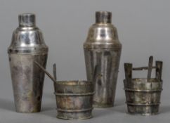 A Chinese silver four piece cruet set Comprising: two bucket form salts and two cocktail shaker