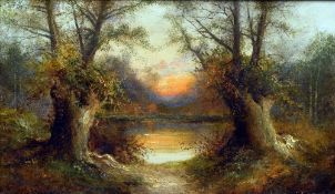 HENRY COOPER (19th century) British River Landscape at Sunset Oil on canvas Signed 49.5 x 29.