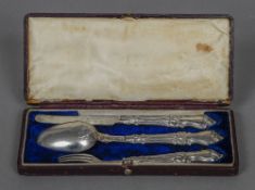 A Victorian cased three piece Christening set, hallmarked Sheffield 1852,