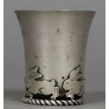 A French silver plated Christening beaker Of flared form, the base rim decorated with rabbits,