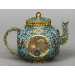 A Chinese cloisonne teapot and cover Of canted spherical form,