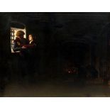 PRE-RAPHAELITE SCHOOL (19th century) Romantic Couple by a Barred Window in a Castle Interior Oil on