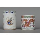 An 18th century Chinese mug Decorated with dragons chasing a pearl; together with a brush pot,