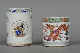 An 18th century Chinese mug Decorated with dragons chasing a pearl; together with a brush pot,