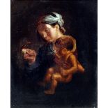 CONTINENTAL SCHOOL (19th century) Portrait of a Mother and Child with Songbird Oil on canvas laid