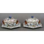 A pair of 18th century Chinese Madarin famille rose covered tureens and stands Each of hexagonal