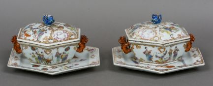 A pair of 18th century Chinese Madarin famille rose covered tureens and stands Each of hexagonal