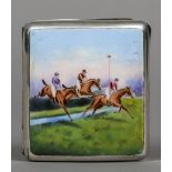 An enamel decorated white metal cigarette case The cover worked with a steeplechase scene opposing