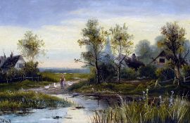 ENGLISH SCHOOL (19th century) Figure and Geese in a Rural River Landscape;