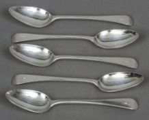 Five silver dessert spoons, hallmarked London 1843,