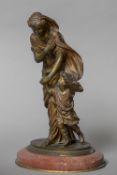 A 19th century bronze figure Modelled as a woman and child sheltering from the weather,