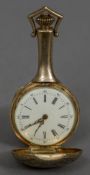 A 14 ct gold enamel decorated fob watch Formed as mandolin. 6.25 cm long.
