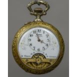 A French pocket watch The front with open escapement, the reverse decorated with a steam train.