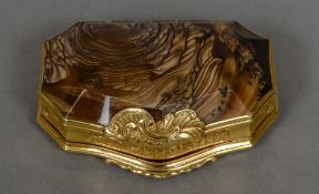 An 18th century unmarked gold mounted hardstone snuff box Of cartouche form,