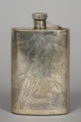 A Chinese silver hip flask Of curved form, the front with bamboo decoration,