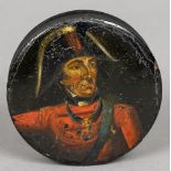 A 19th century papier mache snuff box Of circular section,