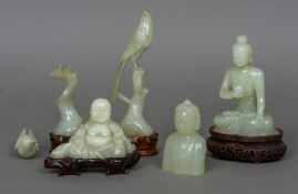 Five various jade figures Including Buddha and birds. The largest 20 cm high.