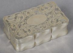 A silver snuff box, hallmarked Birmingham 1991, maker's mark of KLD Of shaped rectangular form. 6.