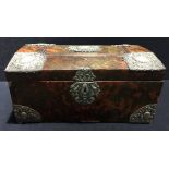 An antique silver plate mounted red stained tortoiseshell casket With hinged panelled domed top.