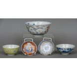 A Chinese porcelain bowl The exterior decorated with five clawed dragons chasing flaming pearls,