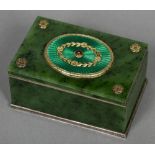 A ruby set silver and enamel mounted spinach jade box Of hinged rectangular form,