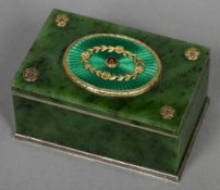 A ruby set silver and enamel mounted spinach jade box Of hinged rectangular form,