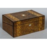 A Victorian inlaid burr walnut writing slope The hinged rectangular top inlaid with various
