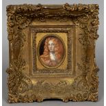 A 17th century style portrait miniature of gentleman wearing red wig Watercolour on ivory 6.5 x 8.