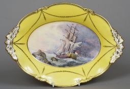 A 19th century porcelain dish painted with a shipping scene CONDITION REPORTS: