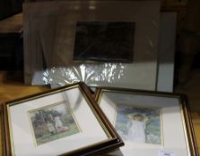 Two framed prints and a quantity of mounted prints including Winnie-the-Pooh and William Russell