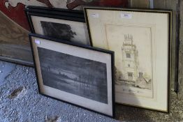 A set of 4 black and white prints depicting Ely and Fen scenes and another of Saint Andrew's Sutton