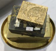 Three Oriental boxes and a brass tray
