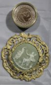 A Victorian Jasper Ware plaque in a pierced metal frame