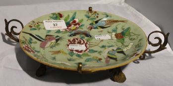 A famille rose dish with gilt metal mount